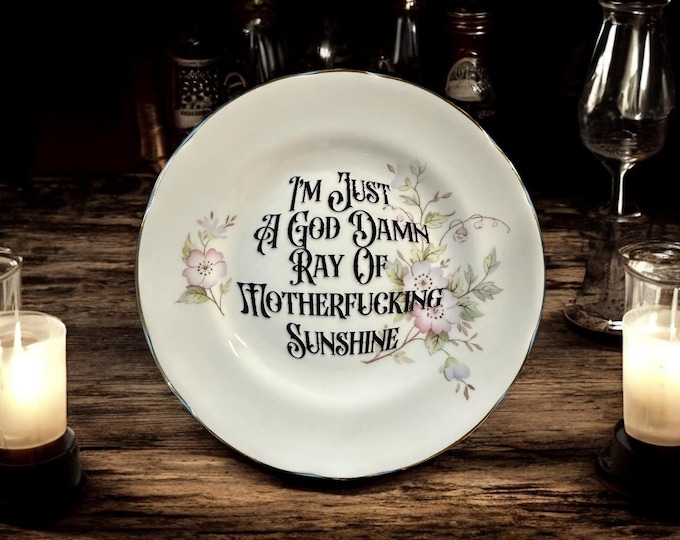 I'm just a goddamn ray of motherfucking sunshine, vintage plate with stand