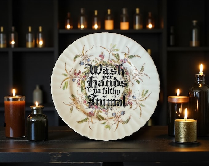 Wash yer hand ya filthy animal, vintage plate with stand