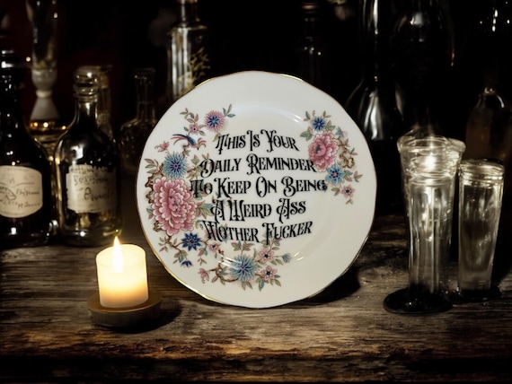 Vintage humorous ceramic plate | Dark humor wall decor with stand | Funny gift for friends | Conversation piece | Unusual decorative plate