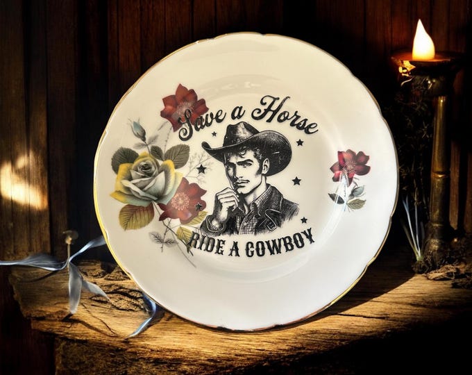 Save a horse ride a cowboy, vintage plate with stand