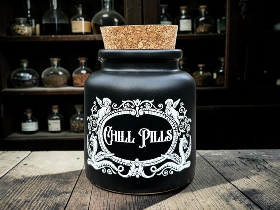 Chill Pills Apothecary Jar – Gothic Storage Jar – Funny Mental Health Decor – Alternative Gift