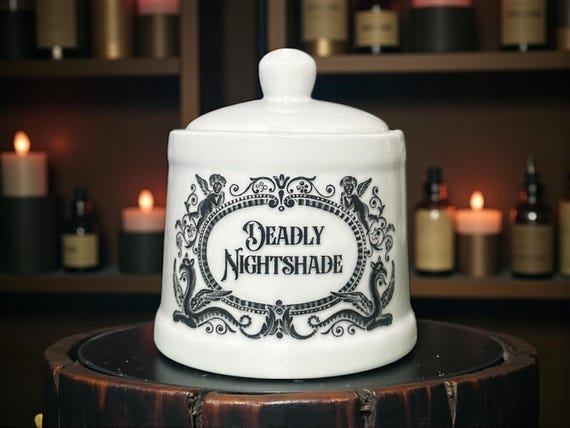 Deadly Nightshade white apothecary jar pot
