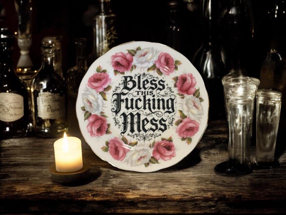 Bless This Fucking Mess Plate – Vintage Crackpottery with stand