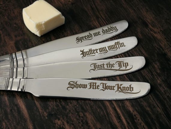 Inappropriate Breakfast Knife Set – 4 Engraved Butter Knives | Stainless Steel | Funny Kitchen Gift