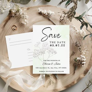 carte postale vert sauge pour la datte | Motif doux gypsophile | Téléchargement imprimable modifiable