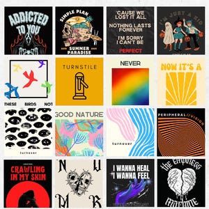 以下が含まれることがあります： 様々なテーマとテキストが特徴の正方形のグラフィックデザインのコレクション。ビーチの骸骨、幽霊、虹、そして「Addicted to You」や「Crawling in My Skin」などのテキストが含まれています。下部のテキストは「WHOLE CATALOGUE」と書かれています。