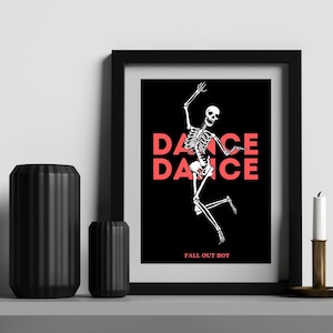 May include: Black framed art print featuring a dancing skeleton with the words "DANCE DANCE" in red. The text "FALL OUT BOY" is at the bottom. Two black decorative vases and a candle holder with a white candle are on the shelf.