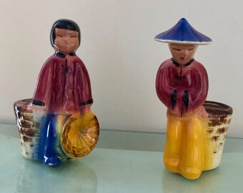 Mid-Century Figural Planter Asian Boy and Asian Girl with Flower Pots