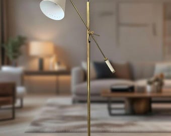 Lámpara de pie de latón de mediados de siglo, brazo oscilante ajustable, base de mármol