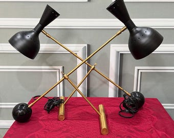 Mid Century Modern Brass Desk Lamp, Adjustable Black Cone Shades