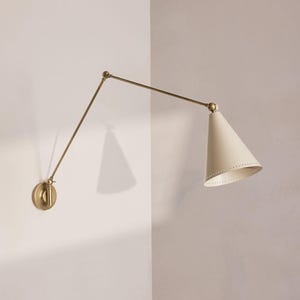 Brass Swing Arm Wall Sconce Mid Century Modern Adjustable Light with White Cone Shade
