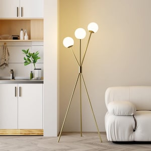 Mid-Century Modern Brass Tripod Floor Lamp: 3 Globe Shades