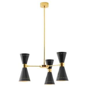 Lampadario in ottone moderno di metà secolo: lampadario a 3 luci nero e oro