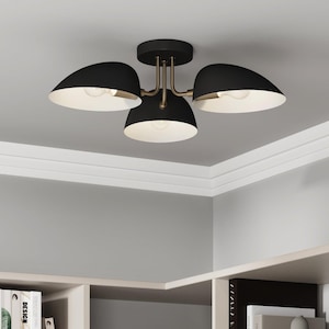 Mid Century Modern Brass Chandelier: Black Dome Shade Ceiling Light