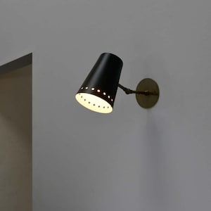 Mid Century Modern Wall Sconce: Black Cone Shade Brass Arm - Industrial Lighting