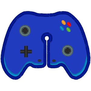 May include: A blue video game controller design with a black cross-shaped directional pad, two gray circular buttons, and colored buttons. The controller has a split design with a light blue outline.