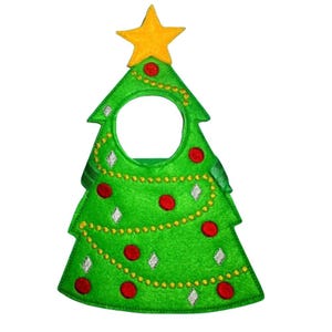 May include: A green felt Christmas tree decoration shaped like a tree, with a yellow star at the top. It features red baubles, silver diamond shapes, and a gold beaded garland. A green ribbon is on the side.