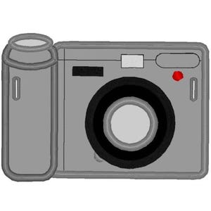 May include: A grey digital camera illustration with a black lens, red button, and a cylindrical component on the side. The camera has a rectangular body and a simple, cartoon-like design, suitable for various creative projects.