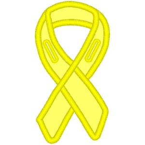 Puede incluir: Una cinta amarilla de concienciación con un contorno detallado. La cinta es un símbolo de apoyo y solidaridad. El diseño presenta una forma de bucle con un borde texturizado, comúnmente utilizado para diversas causas.