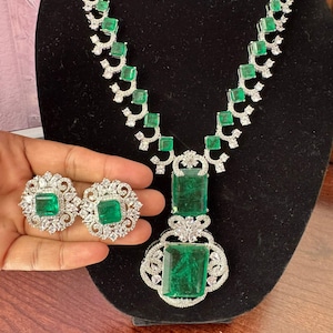 Emerald Green Doublet Necklace: American Diamond Indian Jewelry, 18K Rhodium Brass