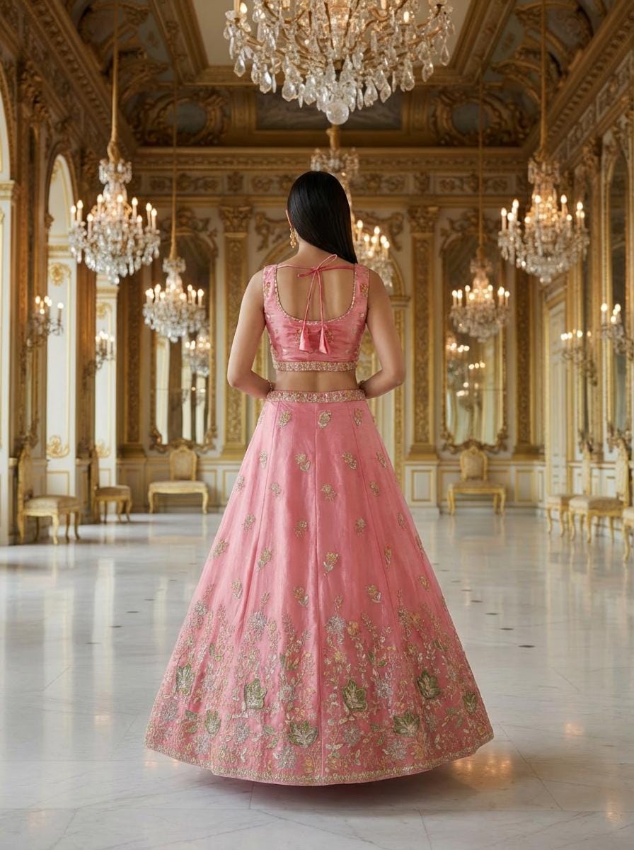 Pink Crushed Tissue Designer Lehenga: Embroidered Bridal Ghagra Choli, Festive Indian Wear