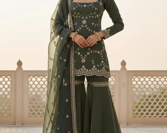 Green Silk Sharara Suit: Zari Weaving Embroidery, Heavy Panel Work Indian Outfit