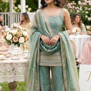 Traje Palazzo de seda color verde mar: bordado con tejido Zari, atuendo festivo indio para fiestas, conjunto Palazzo con lentejuelas.