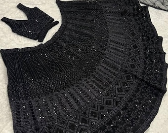 Custom Plus Embroidered Black Lehenga Choli: Bollywood Party Dress, Dori & Sequin Work