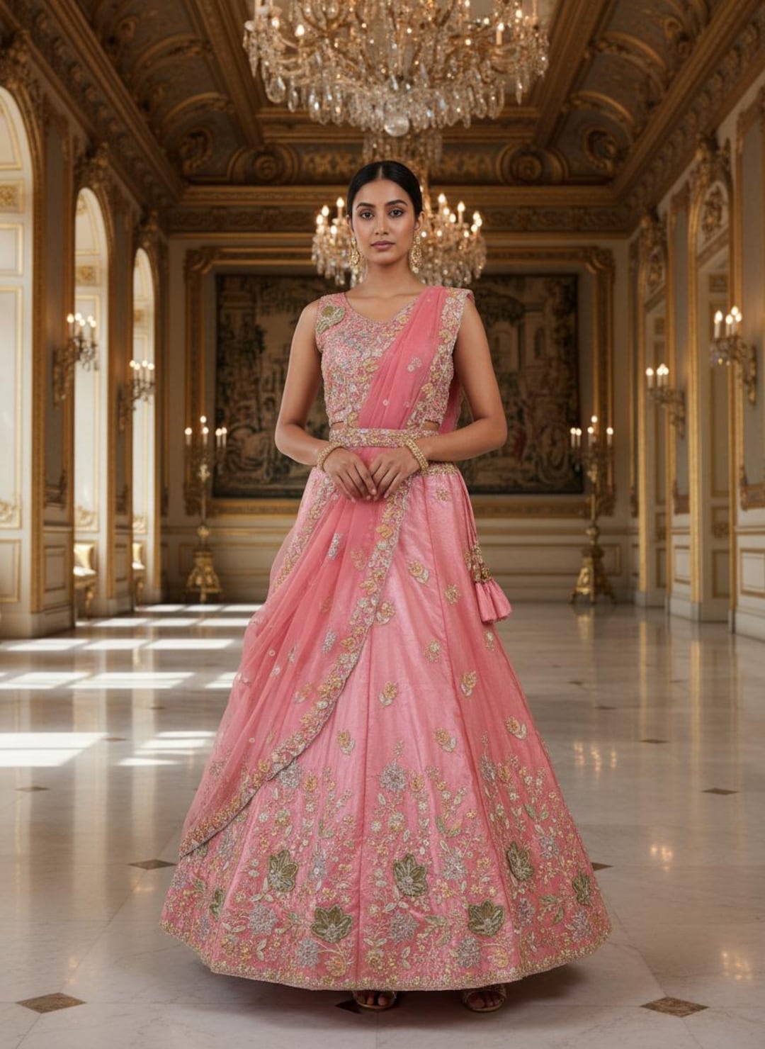Pink Crushed Tissue Designer Lehenga: Embroidered Bridal Ghagra Choli ...