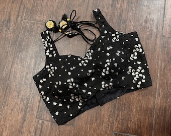 Sequin Saree Blouse: Black Silk Embroidery, Party Crop Top