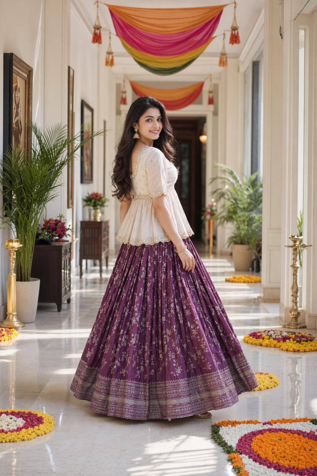 Peplum Wine Jacquard Lehenga : Featuring Off-white Tissue Fabric