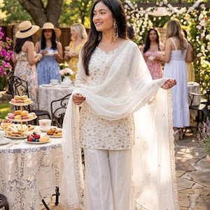 Costume palazzo en soie blanc laiteux : broderie tissage zari, tenue indienne Sangeet à sequins zari work prêt-à-porter palazzo