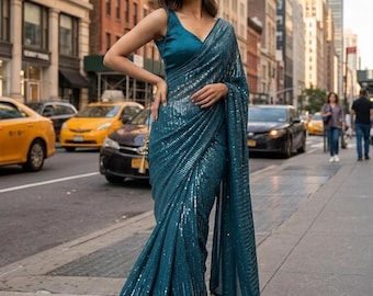 Sequin Saree: Dual Tone Party Sari with Stitched Blouse