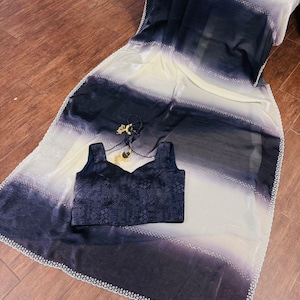 Swarovski Black and White Shaded Saree: Bollywood Party Wear with Stitched Blouse