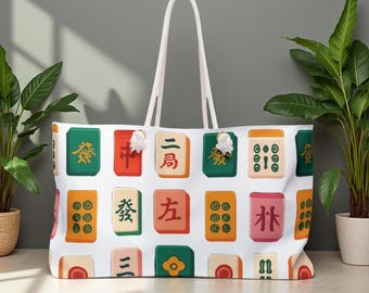 Vibrant Mahjong White Weekender Bag, Stylish Tote for Travel, Beach, Gym, Yoga, Perfect Gift for Gamers and Travelers