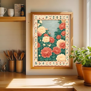 Mahjong Tiles Digital Art Sky Peony Floral Print Board Game Decor Vintage Art Blue Gamer Gifts Garden Lovers Office Decor Game Night Elegant