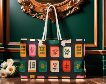 Vibrant Mahjong Tiles Weekender Bag, Tote Bag for Travel, Beach, Gym, Yoga, Game Night,  Gifts for Her, Mahjong Players, Nurses, Gamers