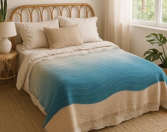 Coastal Woven Cotton Blanket: Ombre Beach Colors, Cottagecore Decor