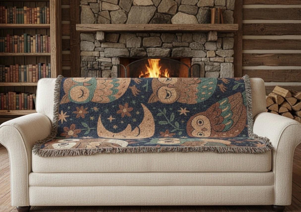 Owl Woven Blanket: Boho Folk Art Home Decor