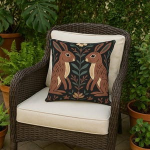 May include: Square decorative pillow featuring two brown rabbits facing each other, set against a black background with a floral and leaf design. The pillow is placed on a white cushion, on a wicker chair, outdoors.