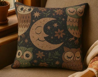 Folk Art Owl Woven Pillow: Country Boho Home Decor