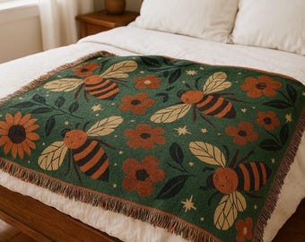 Folk Art Bee Woven Blanket: Cottagecore Home Decor Throw