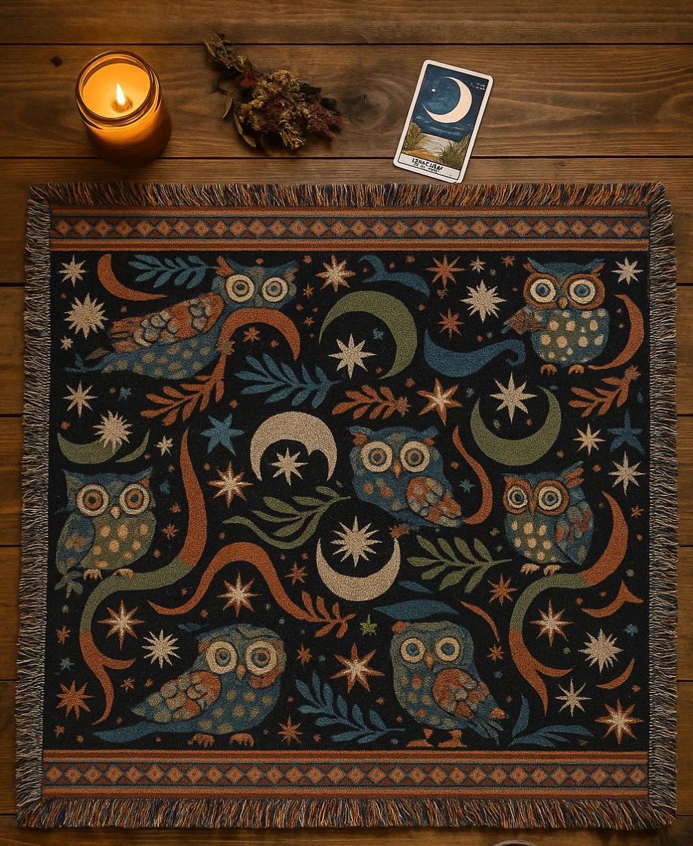 Woven Blanket, Folk Art Owl at Night, Folksy Bedding, Boho Home Decor, Artsy Blanket, Cozy Throw, Co