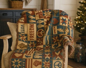 Americana Woven Throw Blanket: Patriotic Quilt Style, 100% Cotton