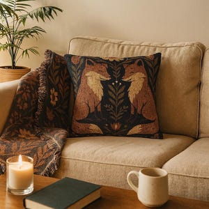 Folk Art Fox Woven Pillow, Cottage Core Scandinavian Decor, Boho Style Animal Print Couch Pillow, Home Accent Throw Pillow, Decorative