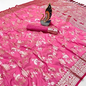 Zachte zijden sari van Banarasi, zari-weefsel, Meenakari-werk, contrasterende blouse