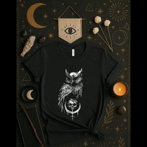 Mystical Owl Skull Shirt - Boho Gothic Witchcore Tee - Crescent Moon Occult T-Shirt - Dark Nature Witch Gift