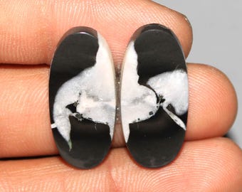 May include: Two oval-shaped cabochons featuring a high-polish finish with a striking contrast of solid black and creamy white marbled patterns. These smooth, symmetrical gemstones display organic, flowing shapes that create a distinct visual balance.