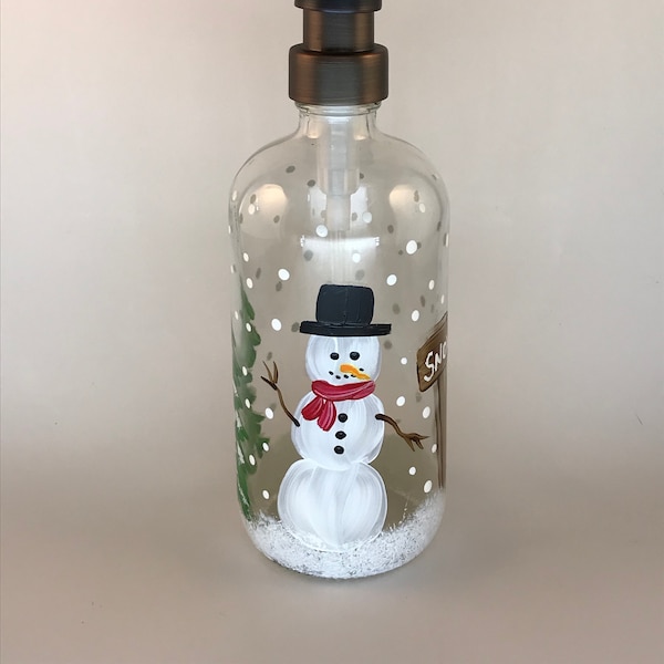 Hand painted soap dispenser with snowman, christmas winter soap bottle, bathroom soap dispenser, dish soap bottle, Christmas decor for bath