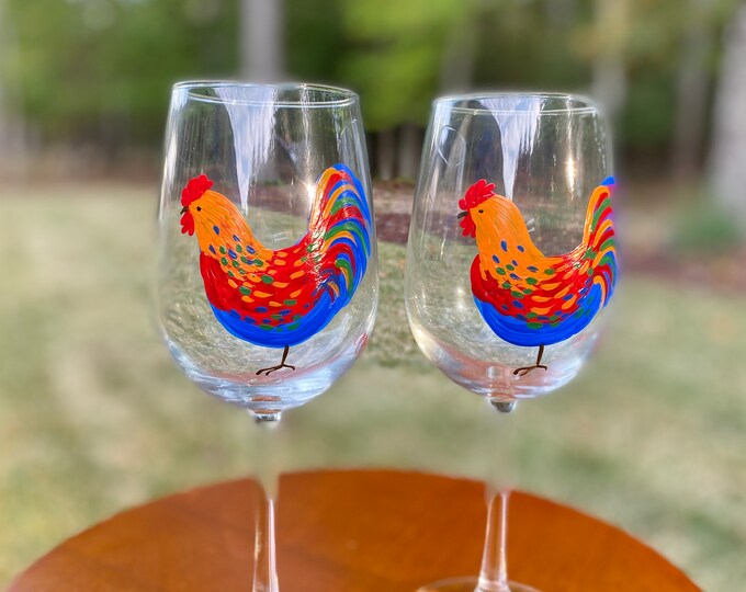 country kitchen rooster decor hand painted gift farmhouse wine glass Painted wine glasses